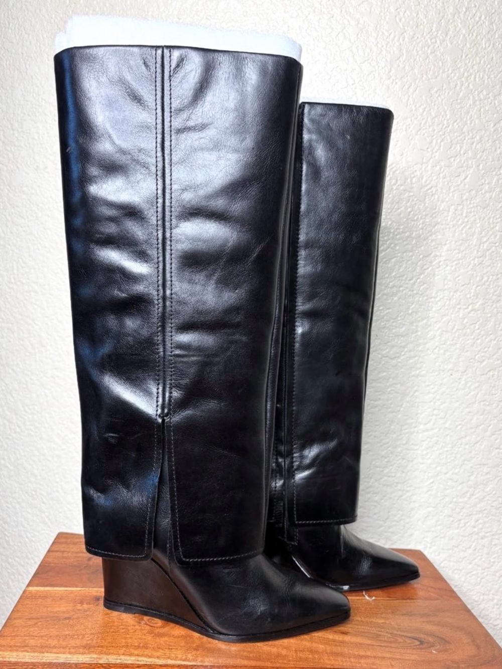 Vince Camuto Black Leather Wedge Knee-High Boots